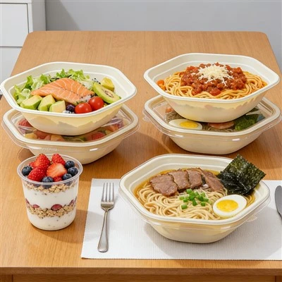 Compostable Corn Starch Hexagonal Bowls With PET Lids Disposable Eco-Friendly Food Containers For Takeaway Salad Dessert